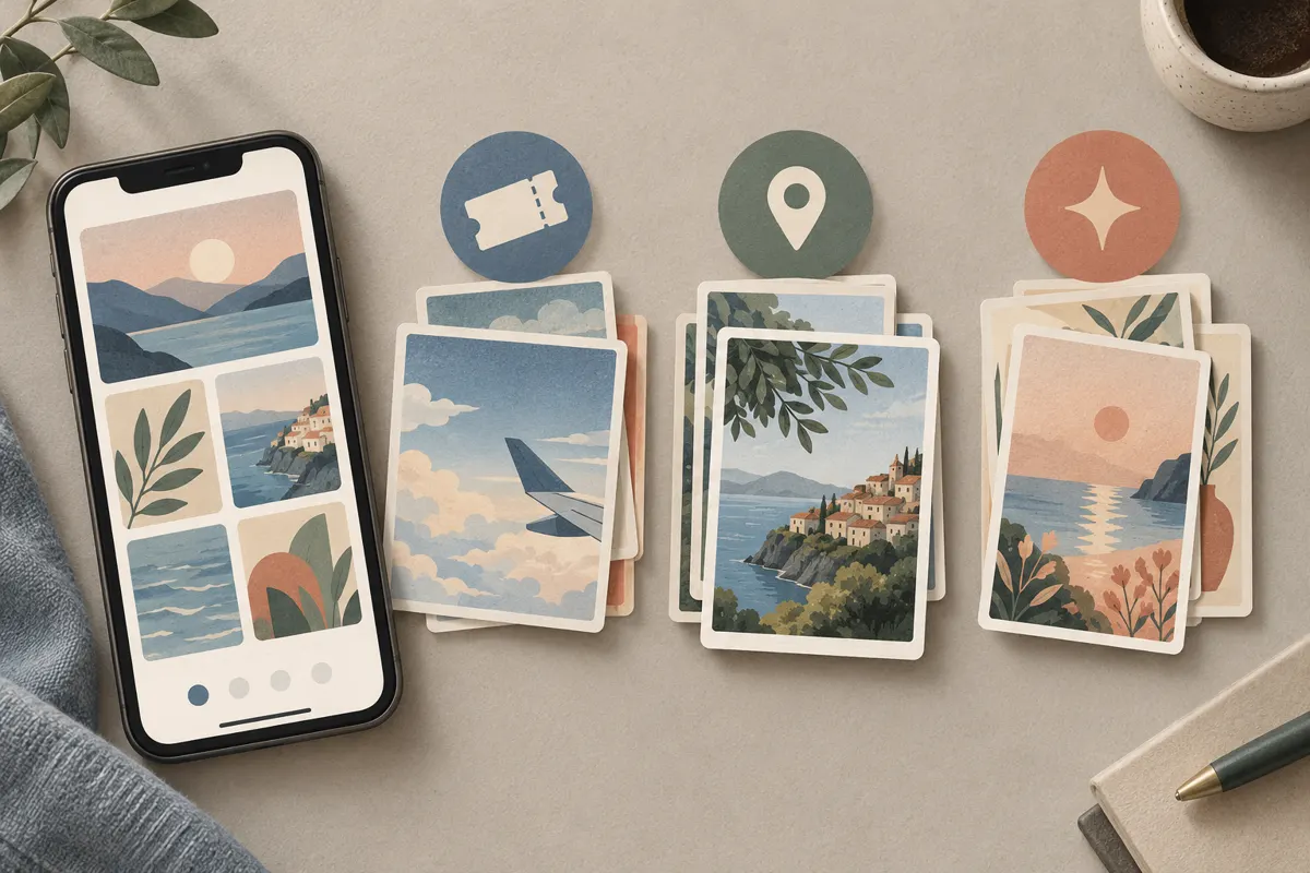 Ilustracja telefonu i zrzutów ekranu uporządkowanych w trzy grupy